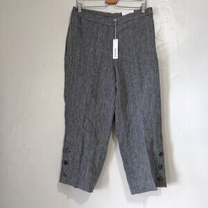 CHICO'S 100% Linen Pull On Button Hem Crop Pant in Black White Size 12